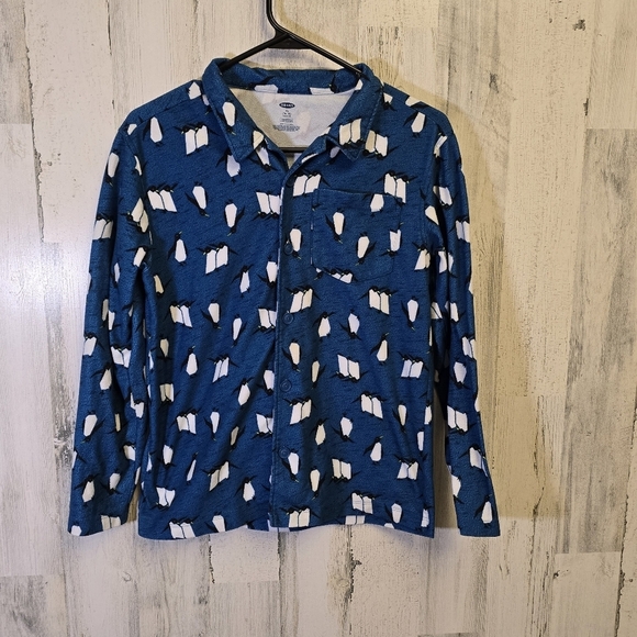 Old Navy Blue Penguin Print Pajama Shirt Boys Size XL 14-16 - Picture 1 of 5